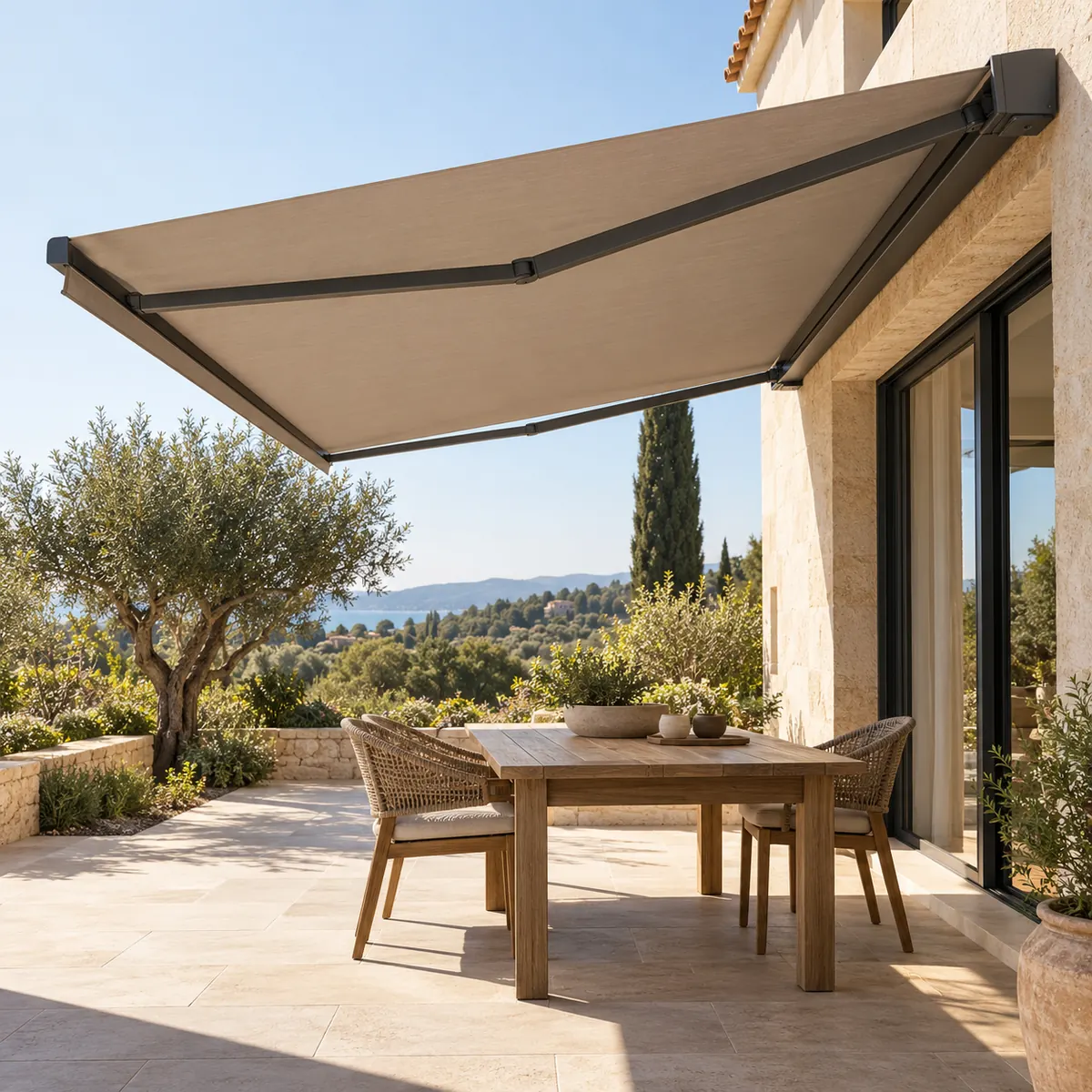 Toldo de brazos extensibles sobre una terraza con mesa y sillas de madera y vistas a la costa