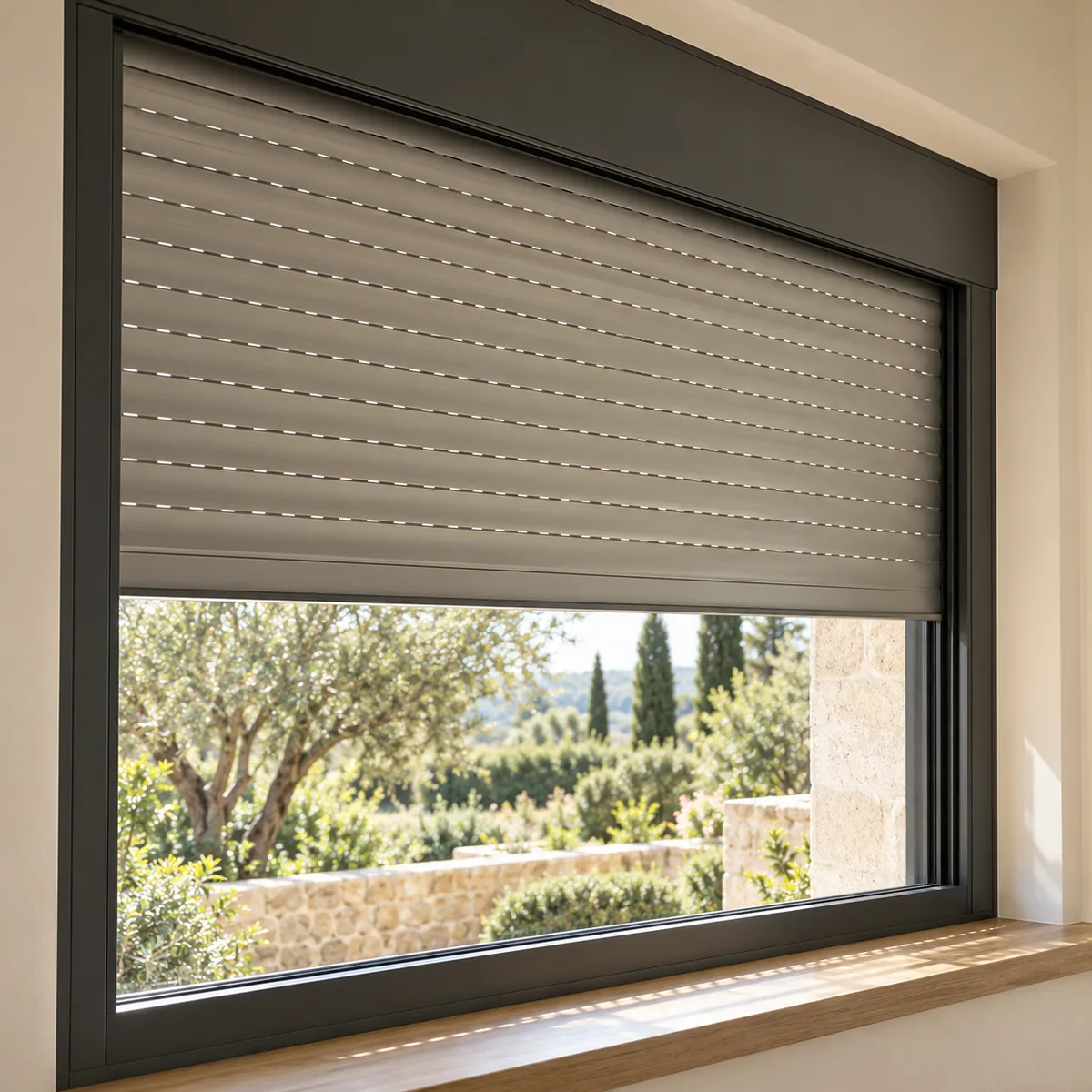 Persiana enrollable de aluminio gris bajada a medias en una ventana con vistas a un jardín